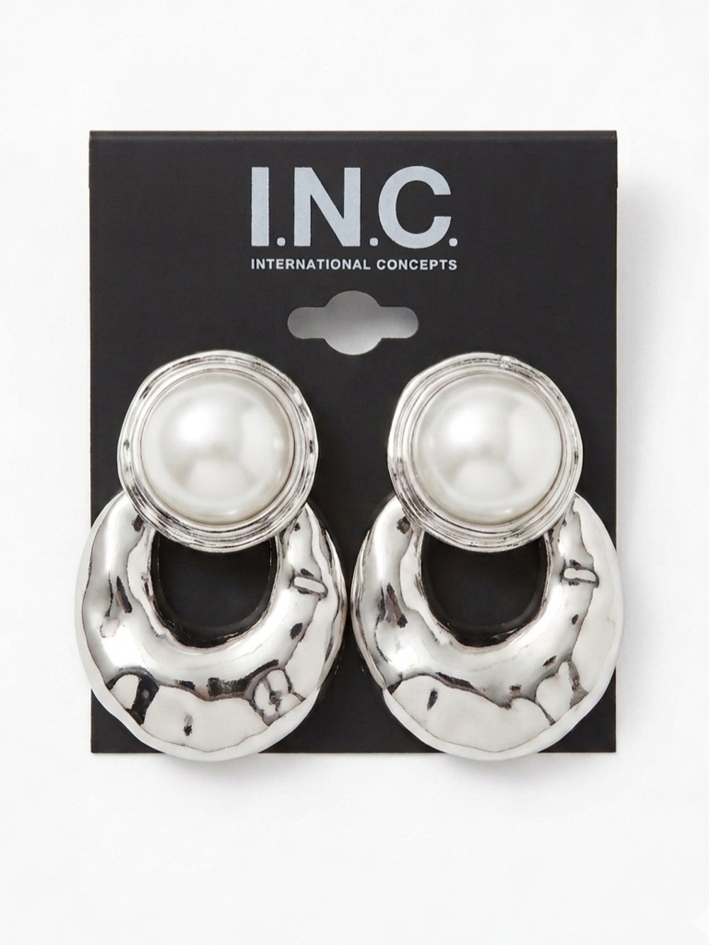 INC Faux Pearl Silver Hoop Drop Earrings NEW